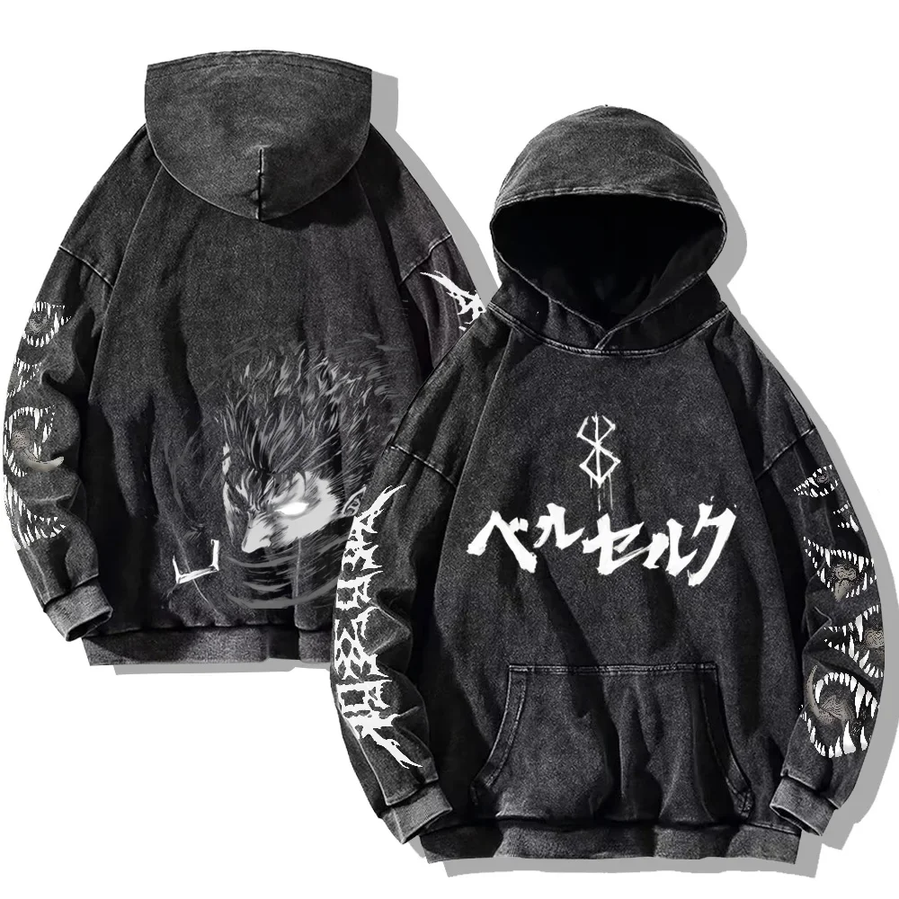 Berserk Printed Washed Hoodies Gothic Vintage Cotton Hooded Sweatshirt Y2k Oversized Long Sleeve Pullover Men Women Retro Hoodie - Image 4