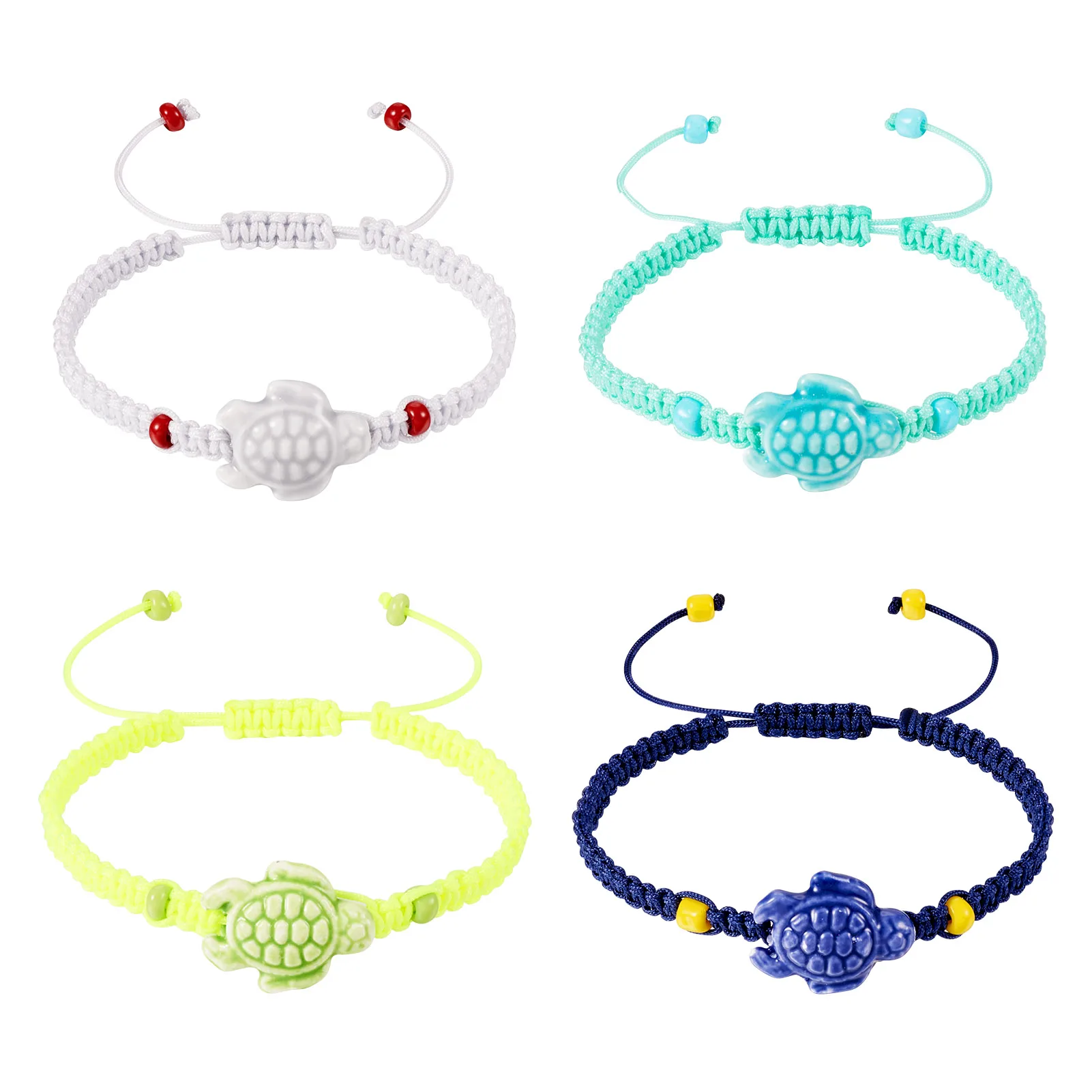 

4Pcs Braided Nylon Cord Adjustable Bracelets With Porcelain Tortoise Bead Women Men Jewelry Gifts Inner Diameter 5~7.3cm