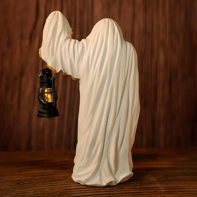 

Unique Ghost Gift Idea Vintage Ghost Figurine with Light-up Lantern for Halloween Decor Mysterious Resin Ghost for Indoor