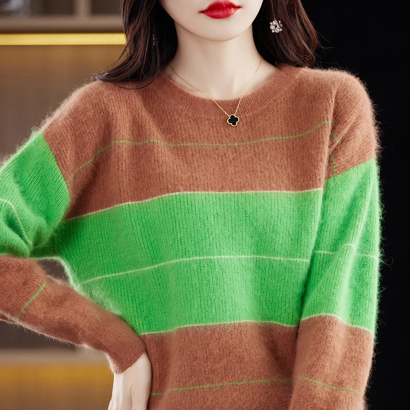 2023 Autumn/Winter Women's Sweater 100% Mink Cashmere Knit Sweater Round Neck Color Striped Loose Long Sleeve Thick Pullover Top