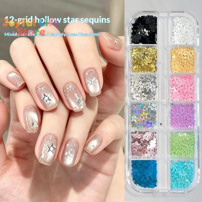 Hot 1 Set 12 Grids Hollow Star Nail Art Glitter Sequins Multiple Colors Individual Compartments For DIY And Salon Nail Art Use