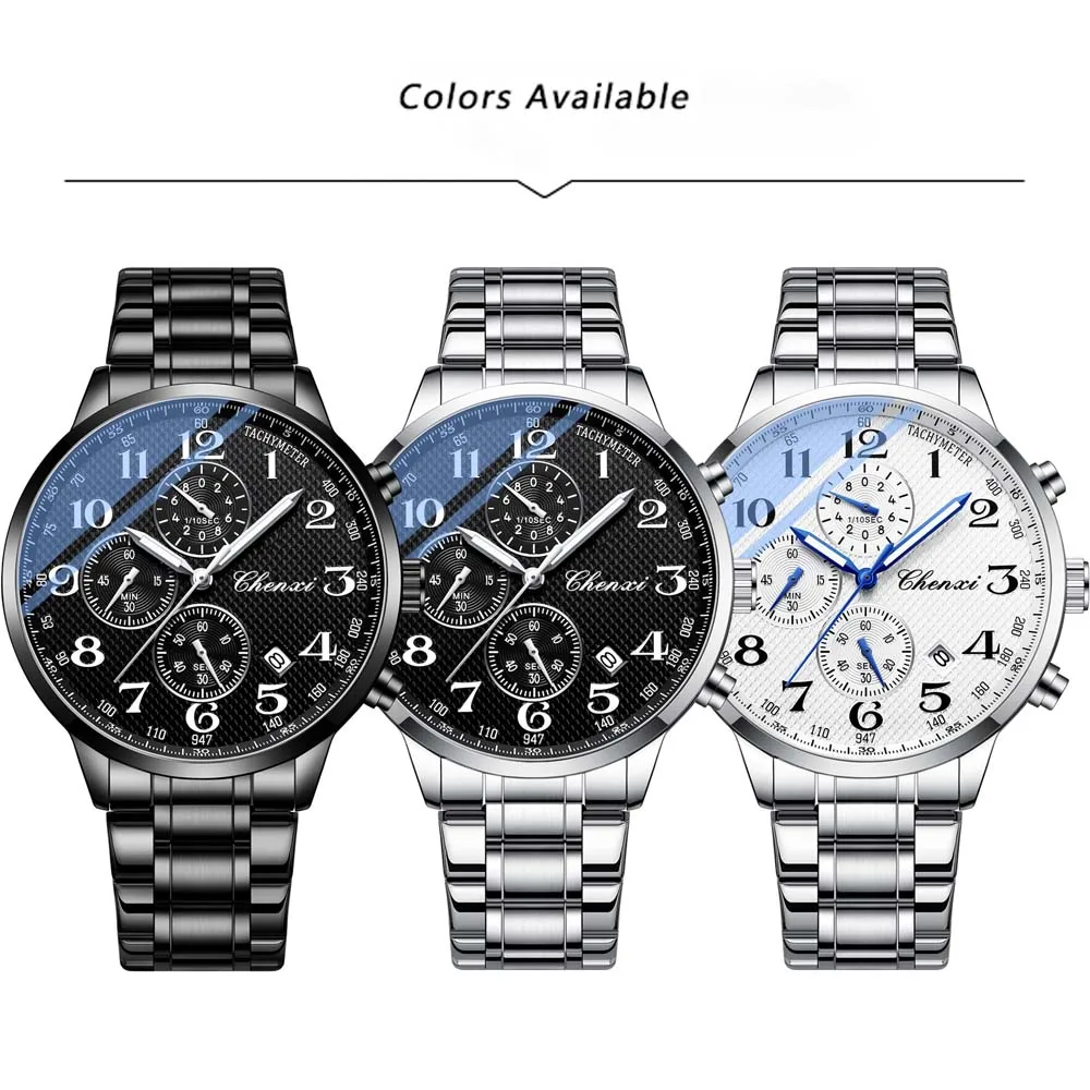 CHENXI Multifunctional Men's Watch, Real Three-Eye Six-Needle Calendar Chronograph, Stainless Steel Strap, Quartz Movement