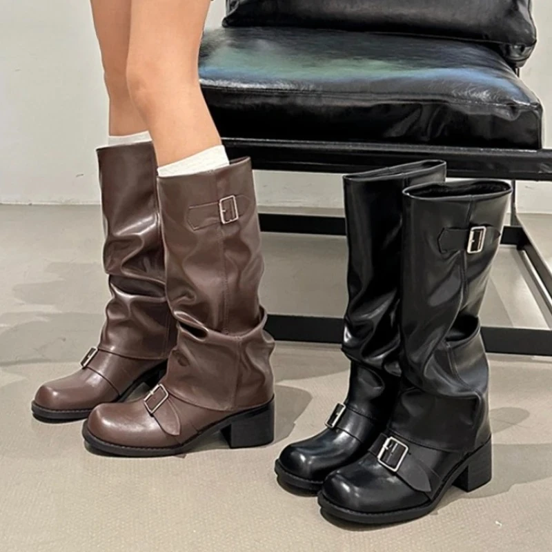 

Зимние винтажные плиссированные женские рыцарские сапоги, модные туфли на толстом каблуке с пряжкой на ремне, женские современные туфли без шнуровки до середины икры