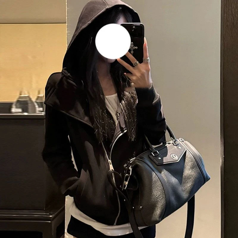 

Уличная одежда, укороченные толстовки для женщин Y2K Harajuku, черные толстовки с капюшоном, осень-зима, модные гранж-эстетические куртки на молнии, новинка