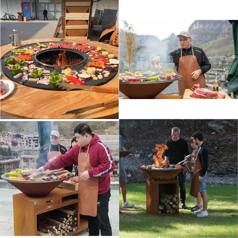 Outdoor Corten Steel Fire Pit with Bbq Grills Wood Burning Metal Outdoor Bbq Table Fire Pit
