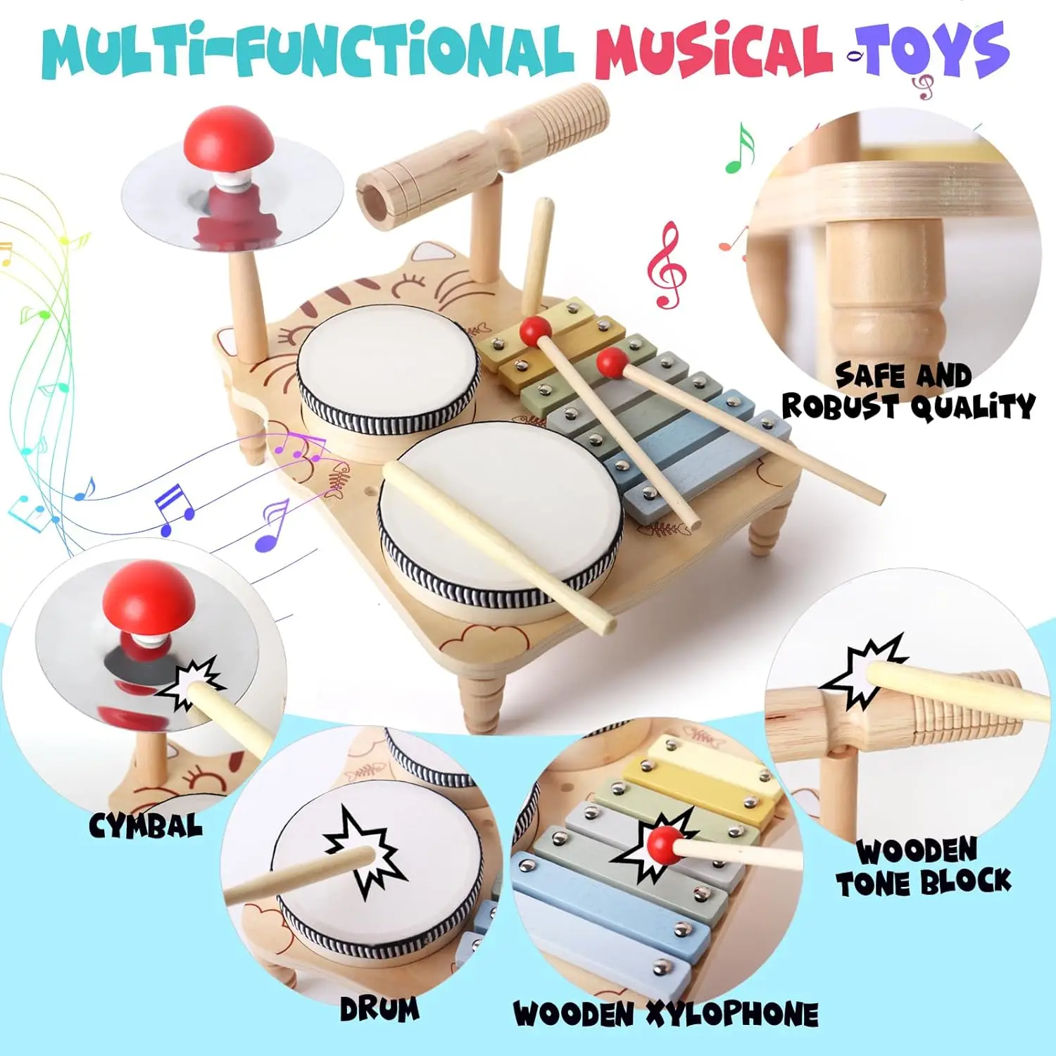 Xilófono de madera y batería multifuncional para niños pequeños y bebés - Juguete de instrumentos musicales de percusión Montessori