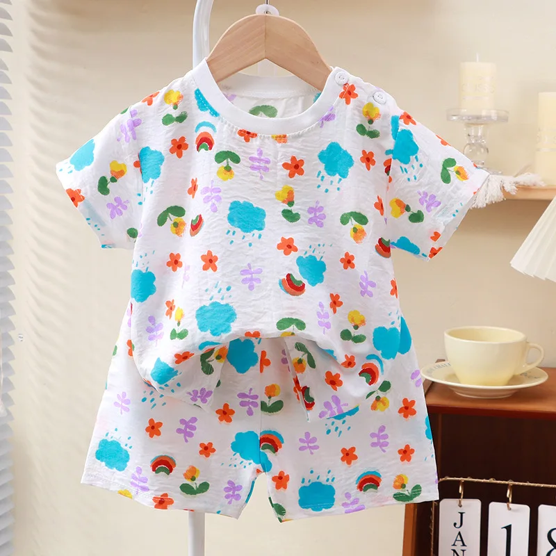 

Baby Boy Girls Cotton Suit Summer Children's Home Casual Wear Cartoon Print T-shirt Tops and Shorts Pajamas Kids Clothing Sets