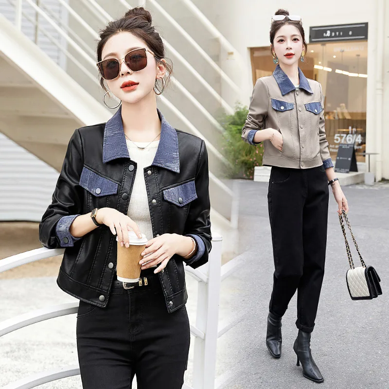 2024 Spring Wear New Fashionable and Elegant Commuter Lapel Single breasted Slim Fit Short Spliced Leather Coat for Women