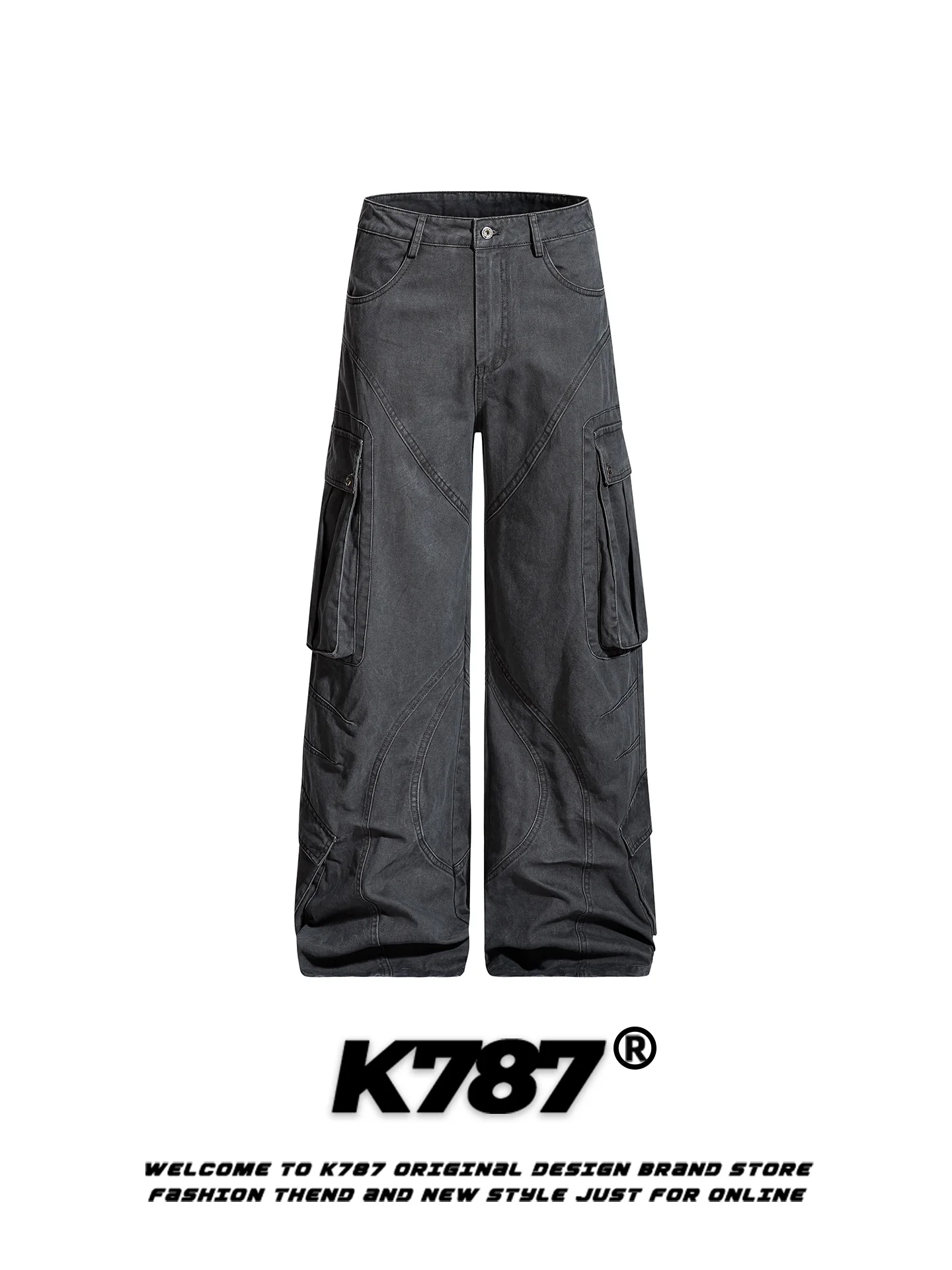 

K787 American Retro Straight Leg Work Pants Men's Women's Trendy Wide Leg Straight High Waist Casual Long Pants Multi Pockets
