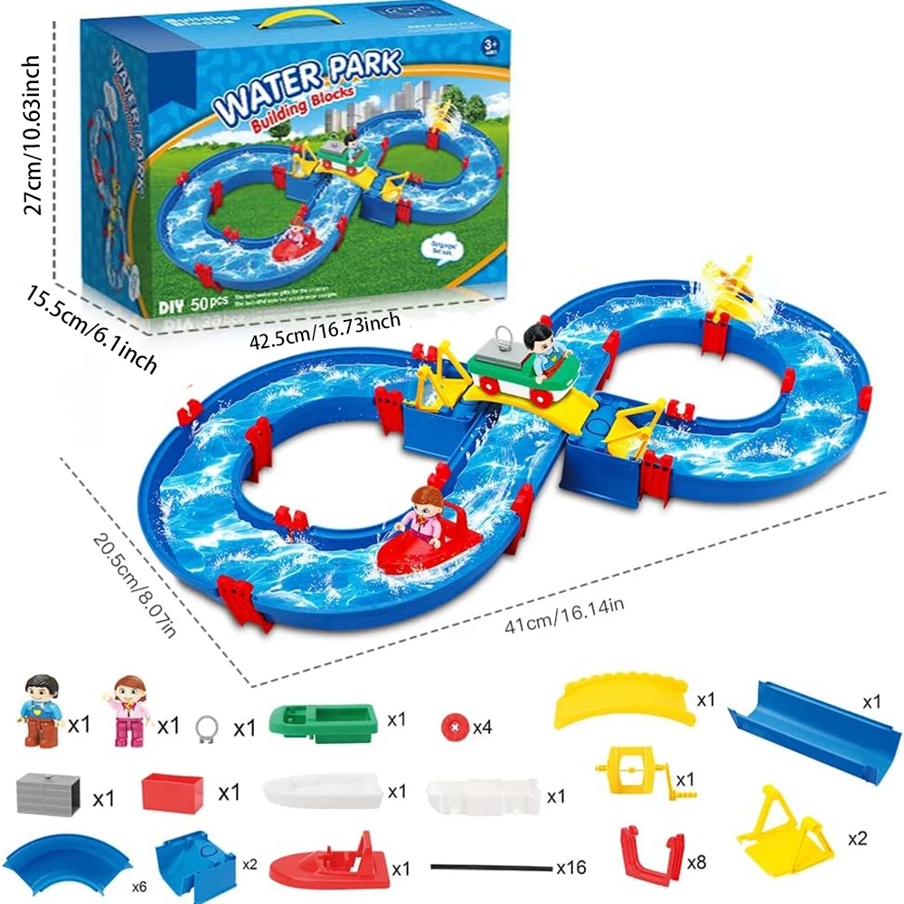 Kids Water Park Track Toy, 50PCS DIY Outdoor Waterway Playset with Boats, Summer Beach & Backyard Interactive Toy for Toddlers