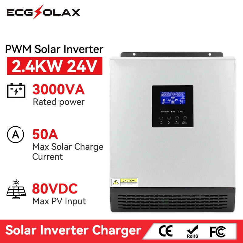 ecgsolax inversor hibrido de onda senoidal pura 3000va 2400w 24v 110v pwm 50a controlador de carregamento max pv 80v 01