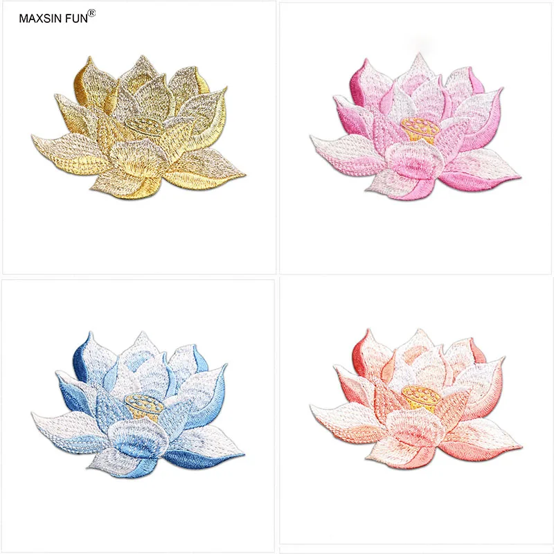 

1 Piece Iron on Embroidery Lotus Stickers DIY Cheongsam Box Bag Patch Decoration Gold Blue Pink Orange Adhesive Backing