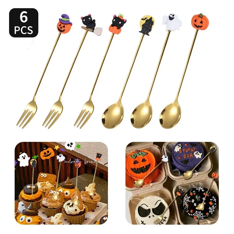 

6 шт., набор ложек и вилок из нержавеющей стали, тыква, призрак, набор столовых приборов на Хэллоуин, золотистая, серебристая кофейная ложка, кухонная посуда для вечеринки