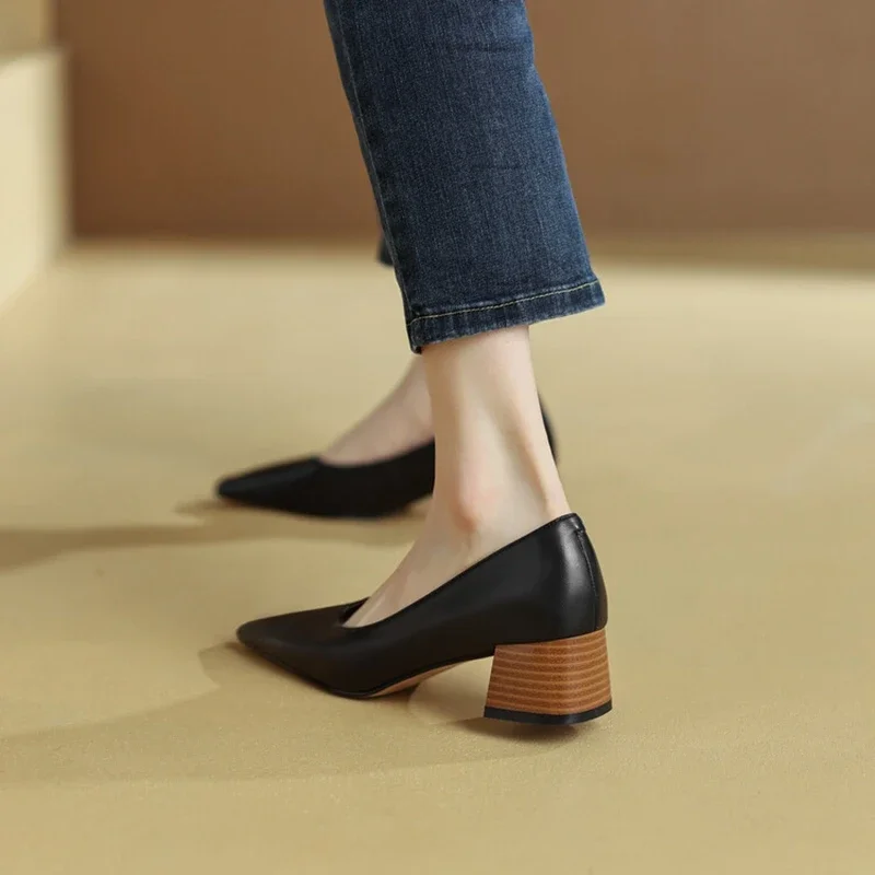 NEW Spring/Autumn Women Shoes Square Toe Chunky Heel Women Pumps Split Leather Shoes for Women Concise Soft Handmade Lady Shoes