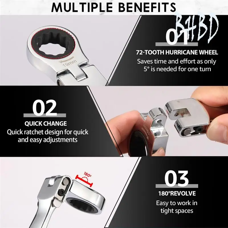 

BHBD-Flex Head Ratcheting Wrench Set, 8-19Mm Metric Ratchet Wrench Tool With Interchangeable Heads & Storage