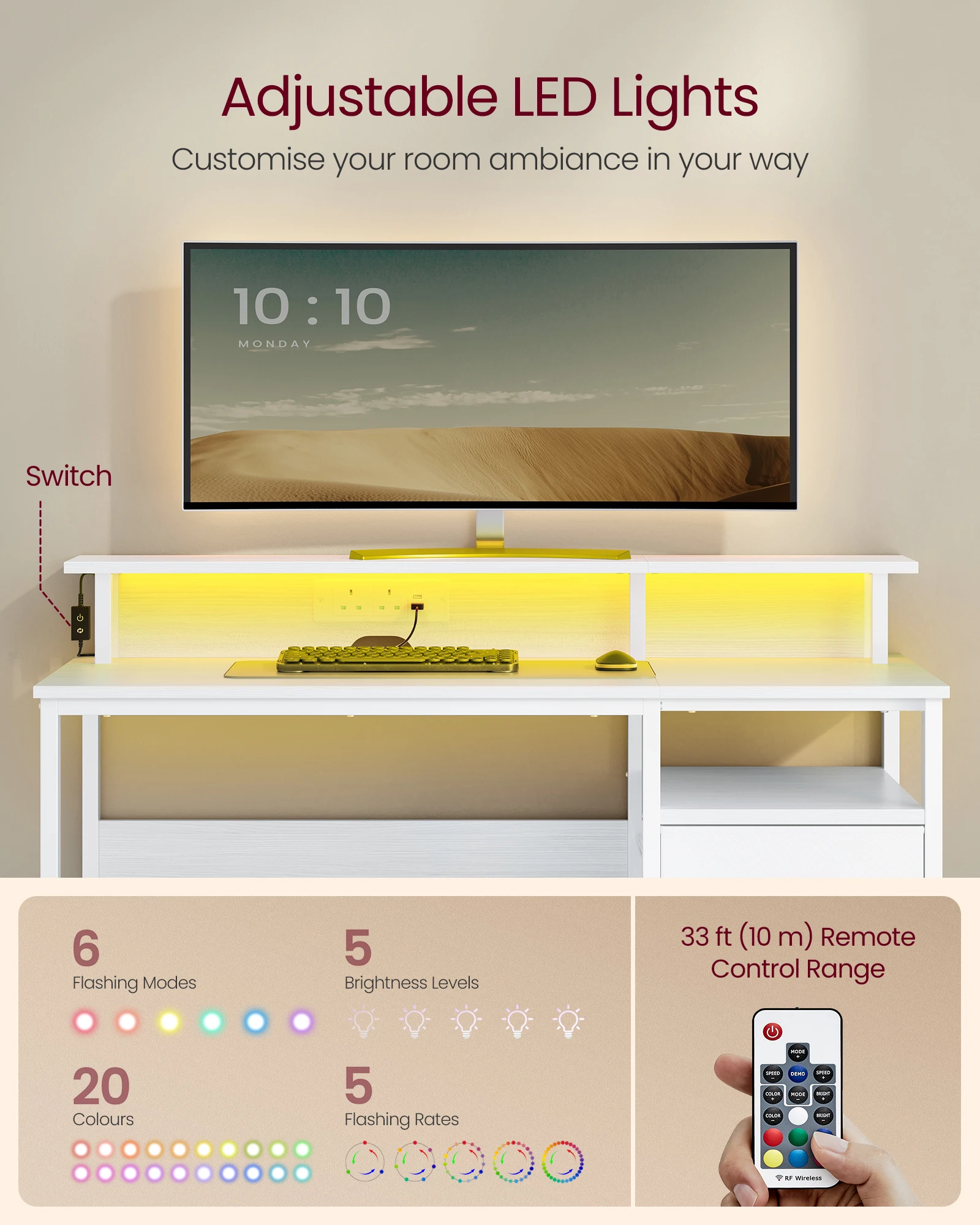 مكتب كمبيوتر VASAGLE مع أدراج قماشية، مكتب دراسة، إضاءة LED، 55 × 120 × 90 سم، منافذ طاقة مدمجة، 2 منافذ USB-A #4