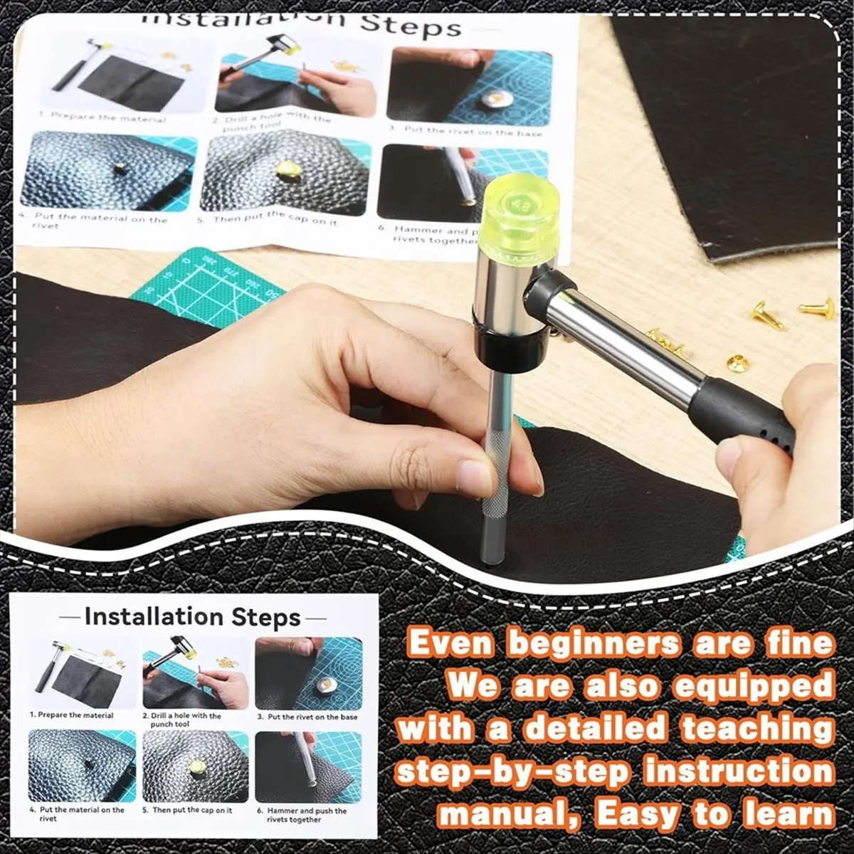 ABZT Leather Rivets, 600 PCS Multicolor Double Cap Rivets, Leather Rivet Kit with Hollow Punch,Punch Tool and Rubber Harmmer