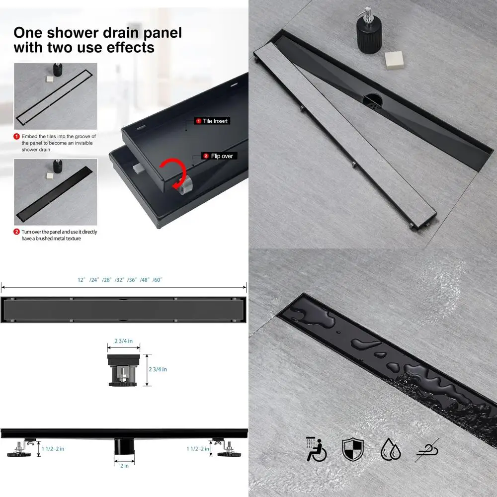 

24 Black Linear Shower Drain with Flat & Tile Insert, 2-in-1 Panel, AISI 304 Stainless Steel, Hair Strainer & Leveling Feet