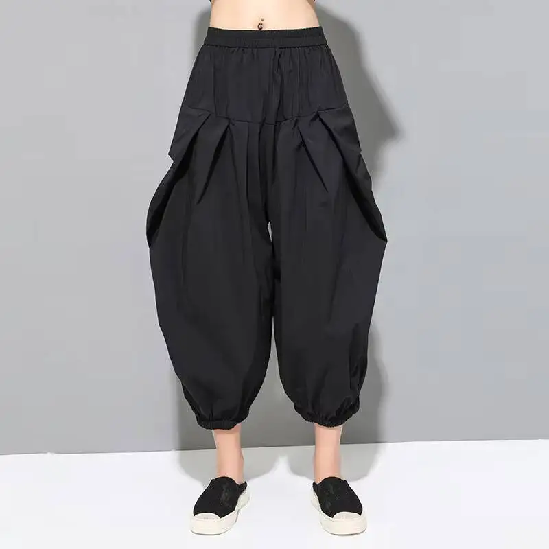 

Ladies Knickerbockers Bunched Leg Pants Spring/Summer New Classic Black Popular Personality Pleated Design Loose Casual Pants