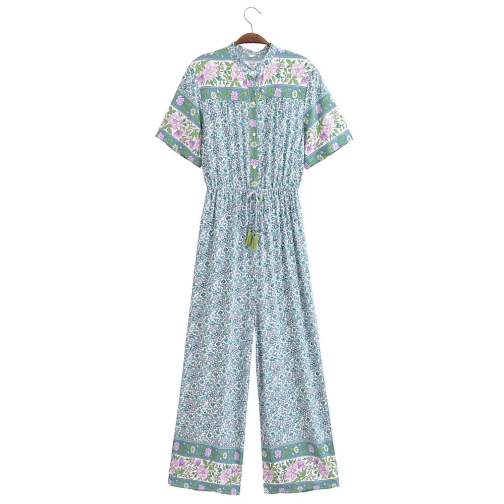 2024 BOHO Open Button V neck Flower Print Jumpsuits Women Lacing up Adjusted Bow Tassel Waist Long Playsuits Romper Holiday