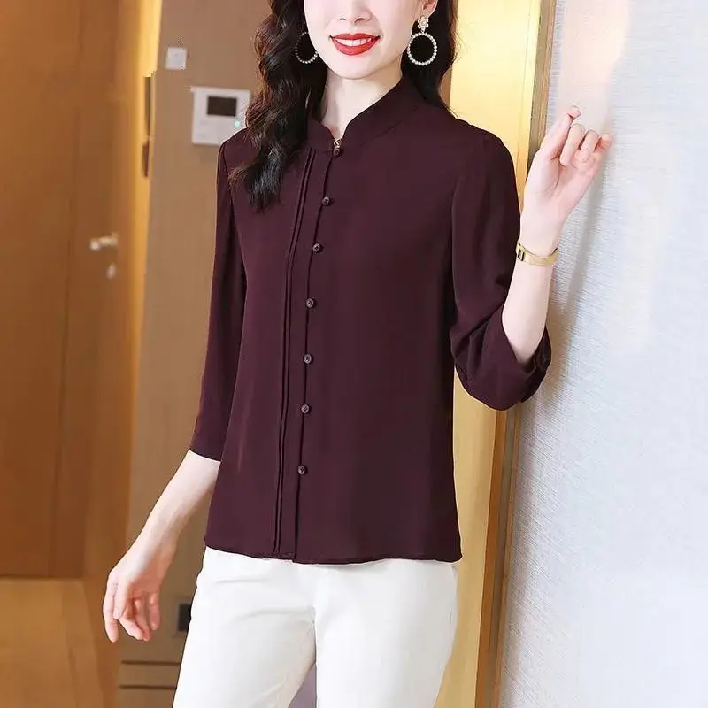 Temperament Office Lady Blouses Summer Thin Loose Button Three Quarter Sleeve Stand Collar Solid Fashion Casual Women\'s Clothing