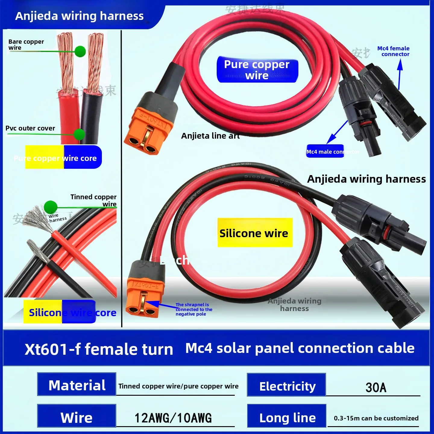 1/2/8M Solar Connector to XT60I- F Adapter 10AWG CableConnect Solar Panel Charge Cable for Solar Generator Portable Power Statio