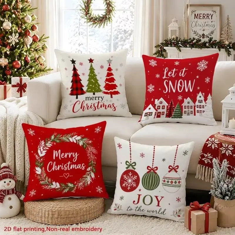 VIKAMA 4Pcs Christmas Pillow Covers Classic Red White Living Room Sofa Decorative Cushion Cases Holiday Home Decor No Insert