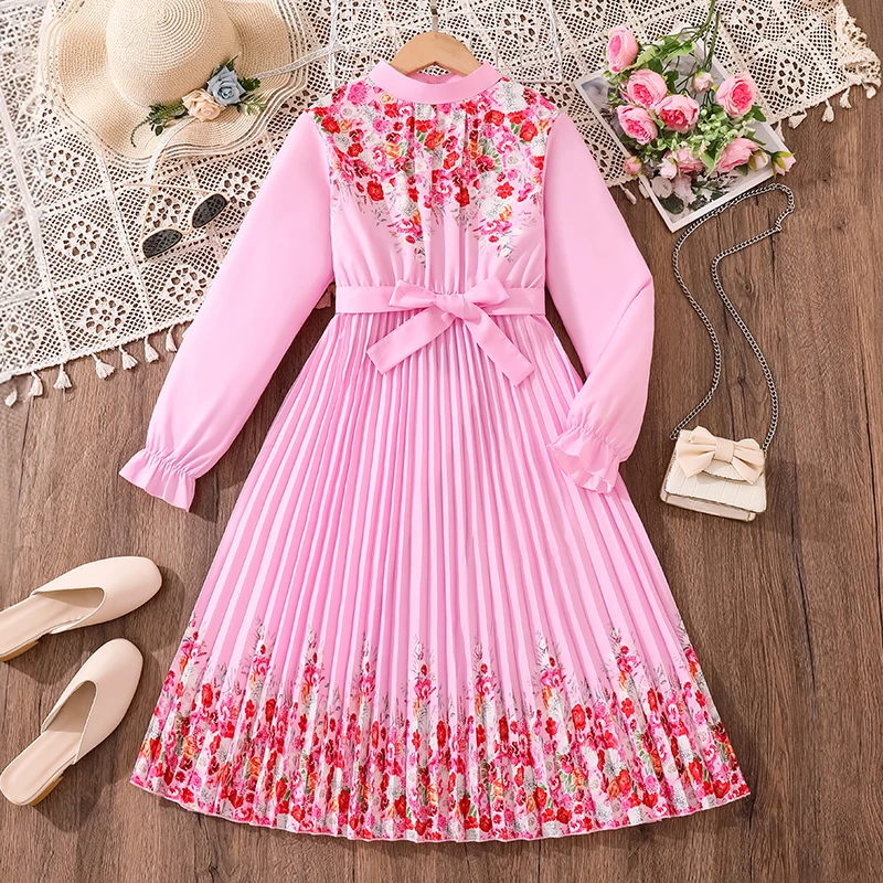 

8-12-year-old girl dress Spring and Autumn Sweet Dollar Neck Long-sleeved floral printed organ pleated hem decorated elegant hol