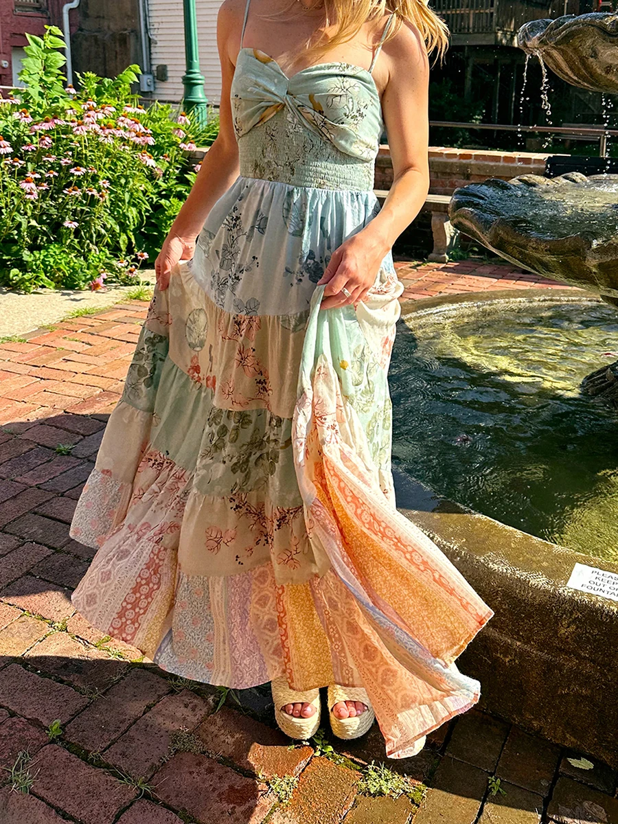 Novo vestido longo boho feminino estampa floral sem mangas alça espaguete em camadas vestido de praia verão vestido fluido s m l