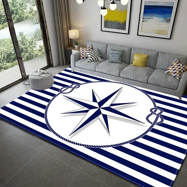 Dark Blue Stripe Ocean Lighthouse Area Rug Anchor Boat Decor Carpet Floor Mat Soft Carpet for Living Room Bathroom Kitchen