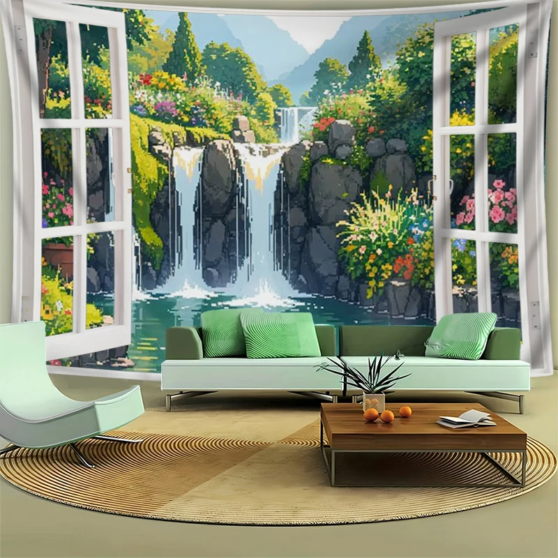 1PC Digital Print Tapestry Wall Hanging, Fake Window Autumn Forest Golden Leaves Art, Nature Scenery 3D Window Wall Art Decor - view 3