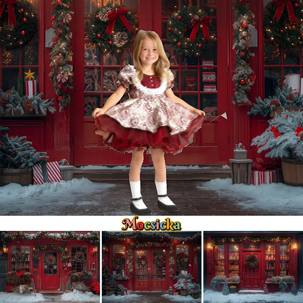 

Mocsicka Christmas Gift Shop Background for Photography Red Door Showcase Snow Xmas Tree Wreath Outdoor Children Photo Backdrops