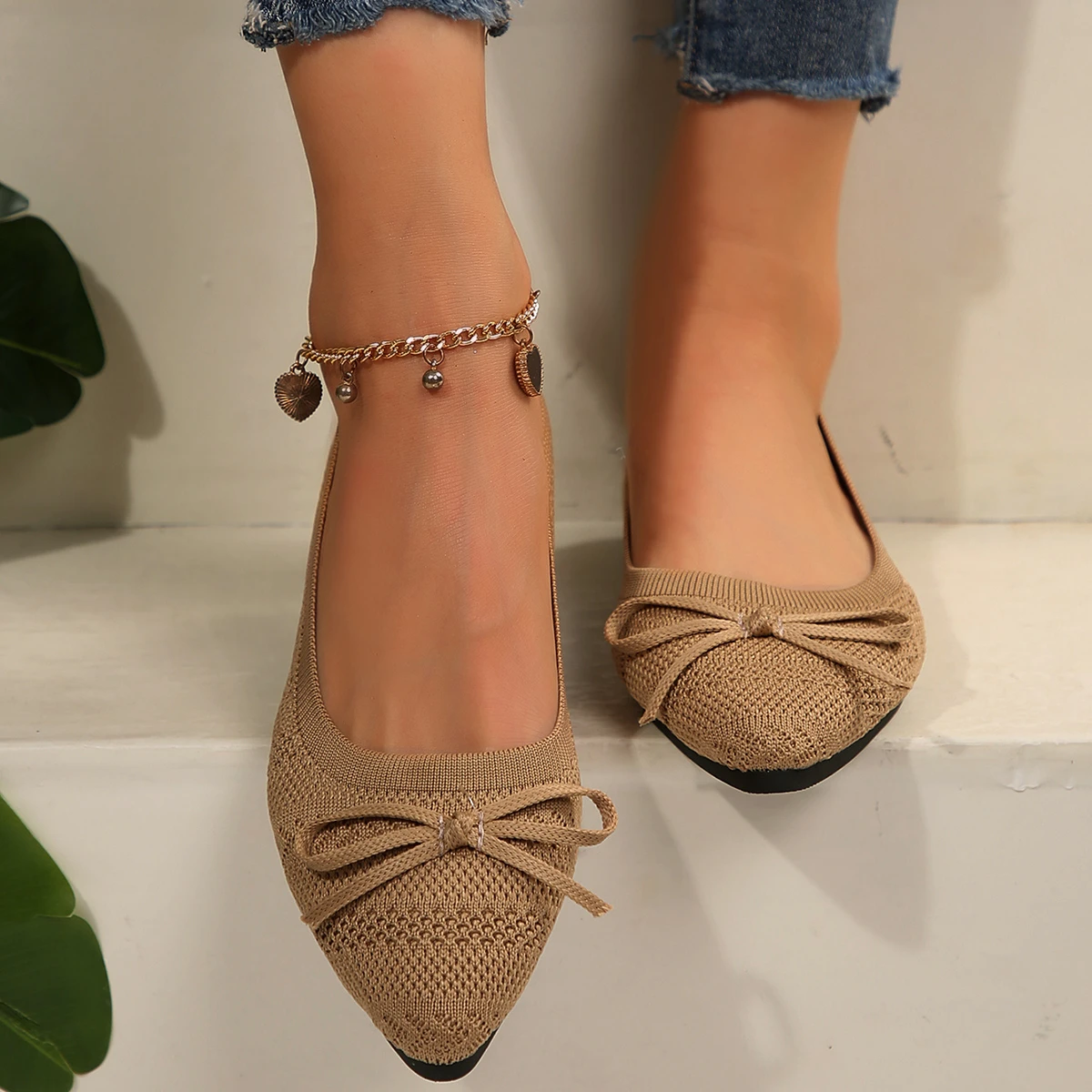 Pointed Bow Flying Flat Shoes Women's 2025 New Summer Casual Bean Shoes Knitted Soft Sole Knitted Women's Shoes Large Size 43