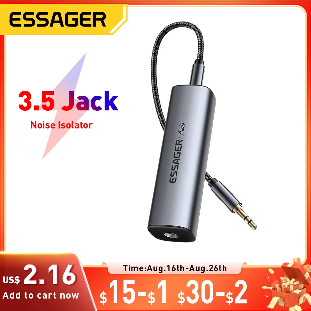 Essager 3.5mm cabo aux filtro de ruído de áudio isolador de ruído de loop de aterramento elimina cancelamento para sistema de áudio de carro estéreo doméstico