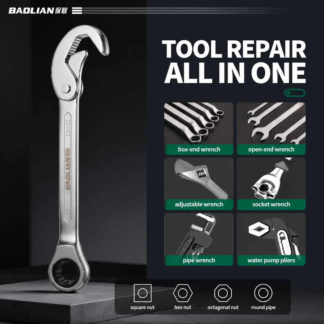 Flexible Mirror Polished Hand Maintenance ratchet wrench 8-14mm 15-22mm 23-32mm industrial grade opening dual-use quick wrench