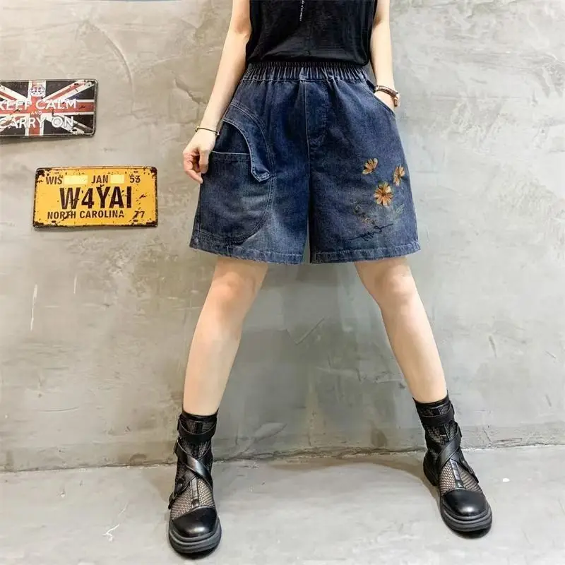 

Ladies Casual Embroidered Denim Loose Wide Leg Harem Pants Summer New Style Fashionable plus Size Comfortable Straight Tube