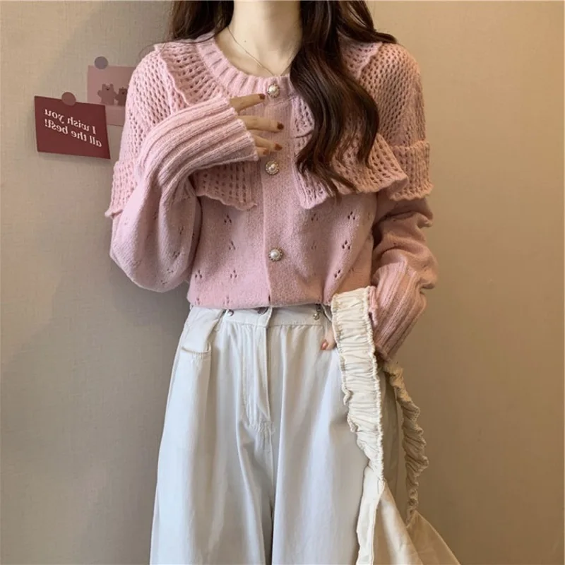 korean autumn winter women's knit cardigan lady graceful pink hollow out sweater jacket student daily coats 2022 new tops female