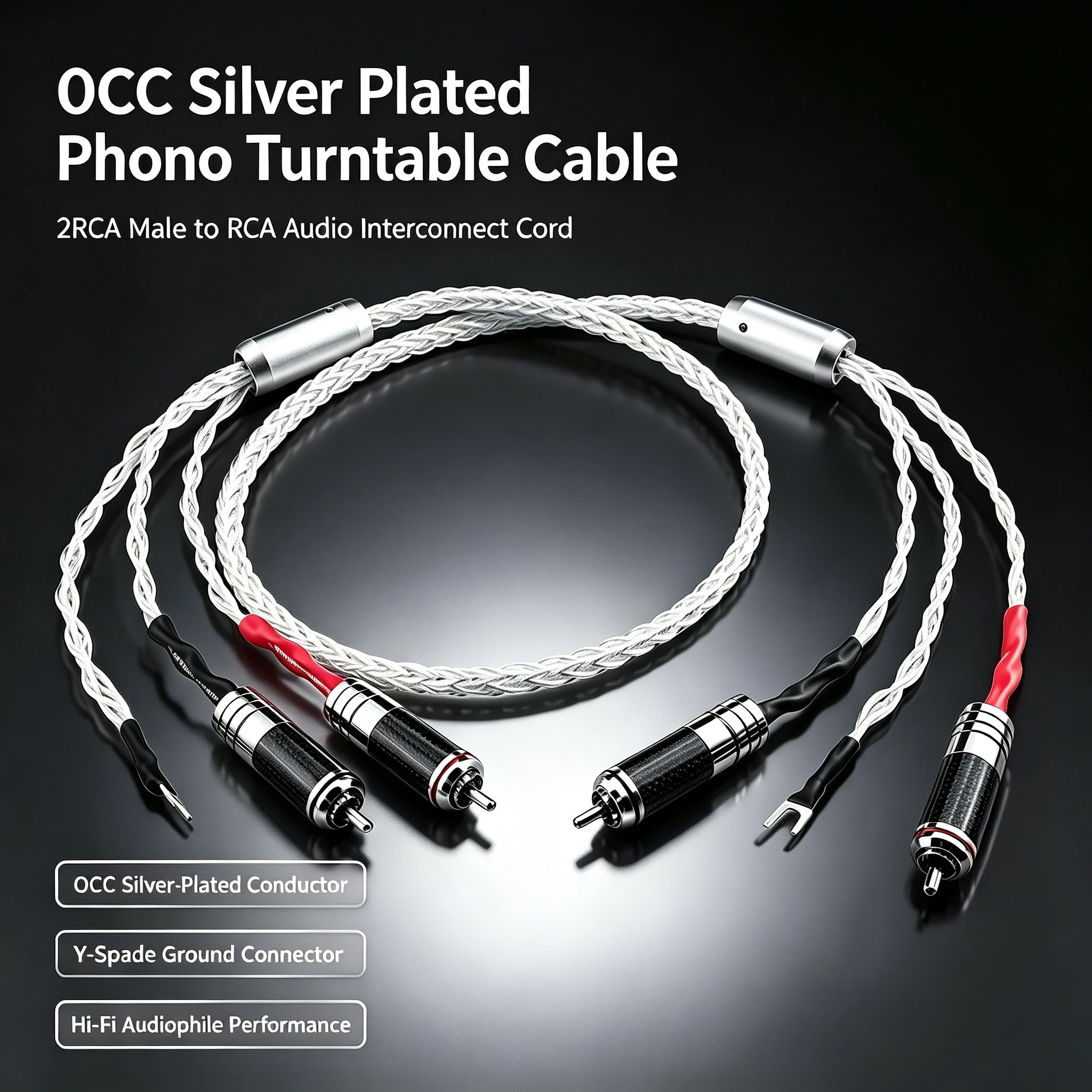 Hi‑End 6AG OCC Silver Plated RCA Phono Turntable Cable With Y Spade Ground Wire Audiophile HiFi Cord for LP Vinyl Record Player