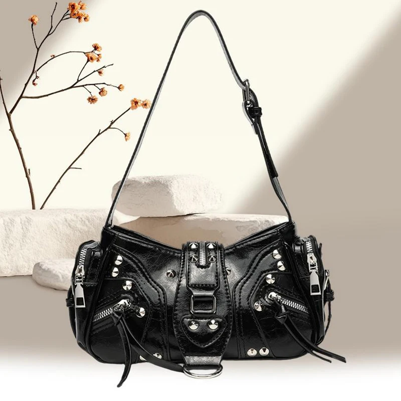 

Y2k Studded Shoulder Bag Luxury Retro Biker Designer New Women's Handbag Fashion Cow Print Pu Leather Crossbody Motorcycle Bag