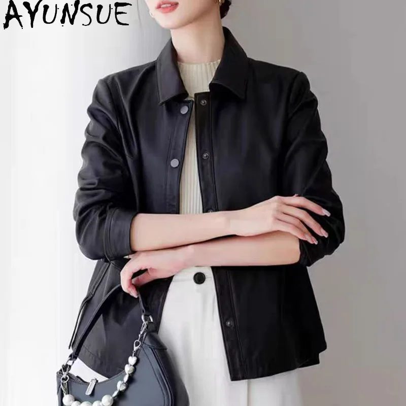 AYUNSUE Women's Real Leather Jacket Loose Casual Long Sleeve Tops for Woman Top-Grain Sheepskin Jackets Woman Clothes Ropa Mujer