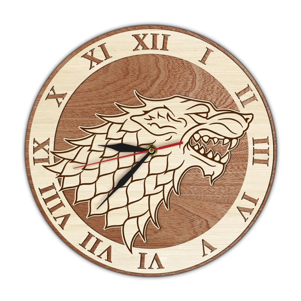 House Stark Sigil Direwolf Wooden Wall Clock With Silent Movement Great Houses of Westeros Rustic Home Decor Clock Wall Watch