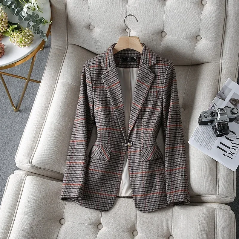 Vestido casual houndstooth feminino, vestuário de trabalho feminino, blazer feminino, casaco de senhora do escritório, jaqueta de trabalho, outono, inverno, moda, 1 pc