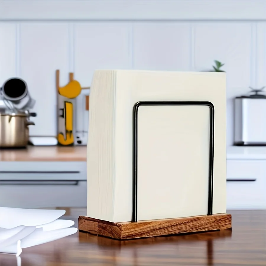 

Держатель для салфеток из нержавеющей стали с основанием из массива дерева - прямоугольная подставка для хранения салфеток для ванной, спальни, гостиной, столешницы