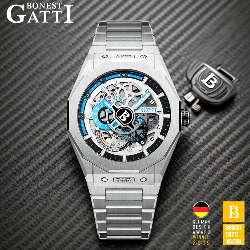 BONEST GATTI BG-7610S Men's Racing Chronograph Auto Mechanical Watch Skeleton Sapphire Luminous Steel Strap 5ATM German Crafted
