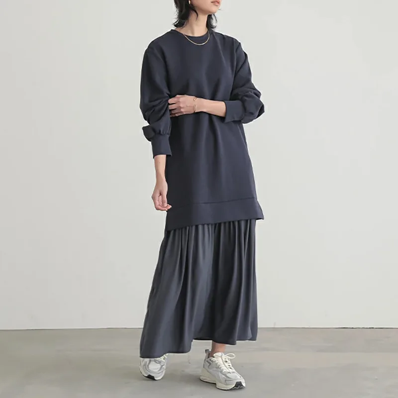 Autumn Dress New Loose Slimming Round Neck Solid Color Long Sleeve High-End Fake Two-Piece Set Long Dress