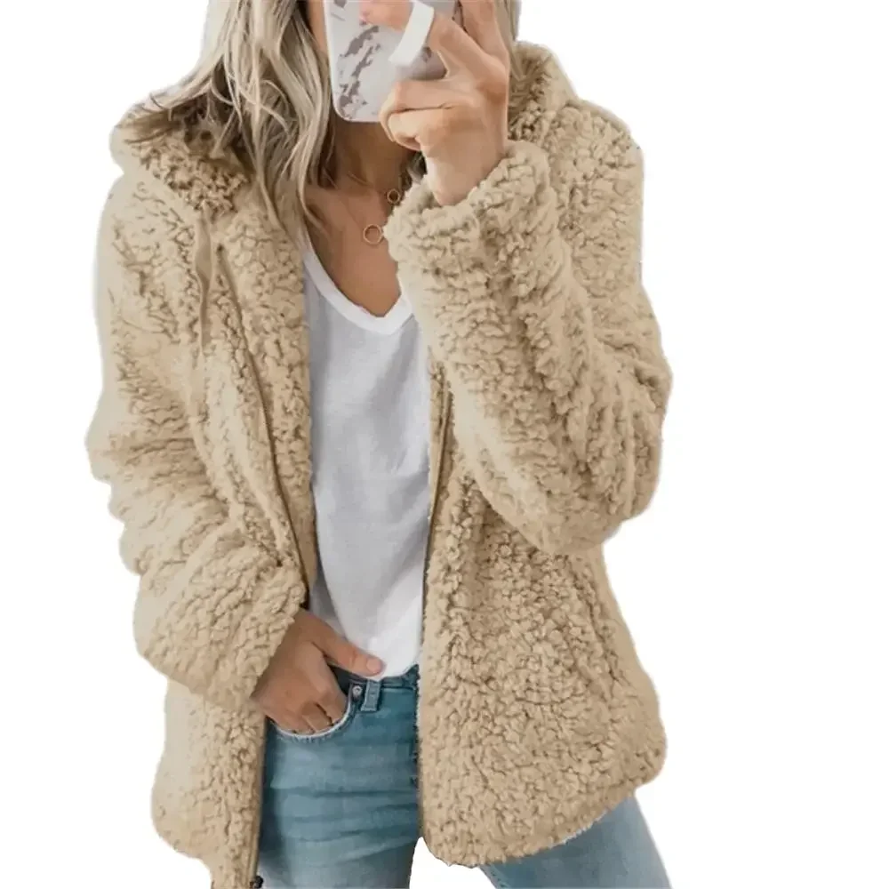 Women Autumn Winter Jacket Female Coat Causal Soft Hooded Fleece Plush Warm Plus Size Faux Fur Fluffy Zipper Top Sudadera 2022