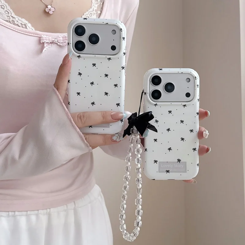 

Fashion Korean Polka Dot Bowknot Cute Phone Case For iPhone 17 Pro 16 15 Pro Max Cover with Chain Shockproof Protective Cases Fu