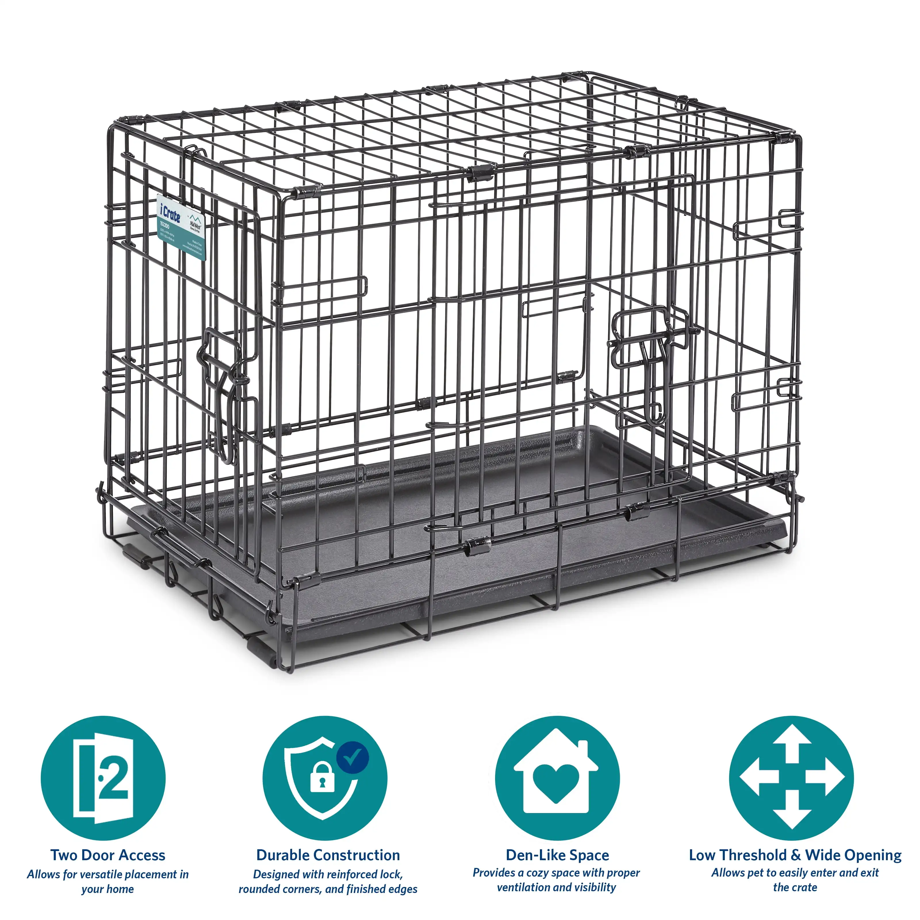 

Enhanced Double Door iCrate Dog Crate Includes Leak Proof Pan Floor Protecting Feet Divider Panel Proper ventilation