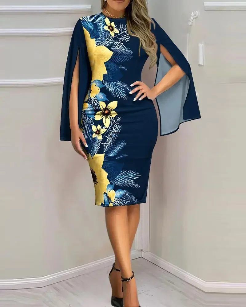 Damenkleid mit V-Ausschnitt, ausgestellten Ärmeln und geometrischem Golddruck, figurbetontes Midikleid, elegantes, schmales Outfit für Teepartys und formelle Anlässe – Detail 21