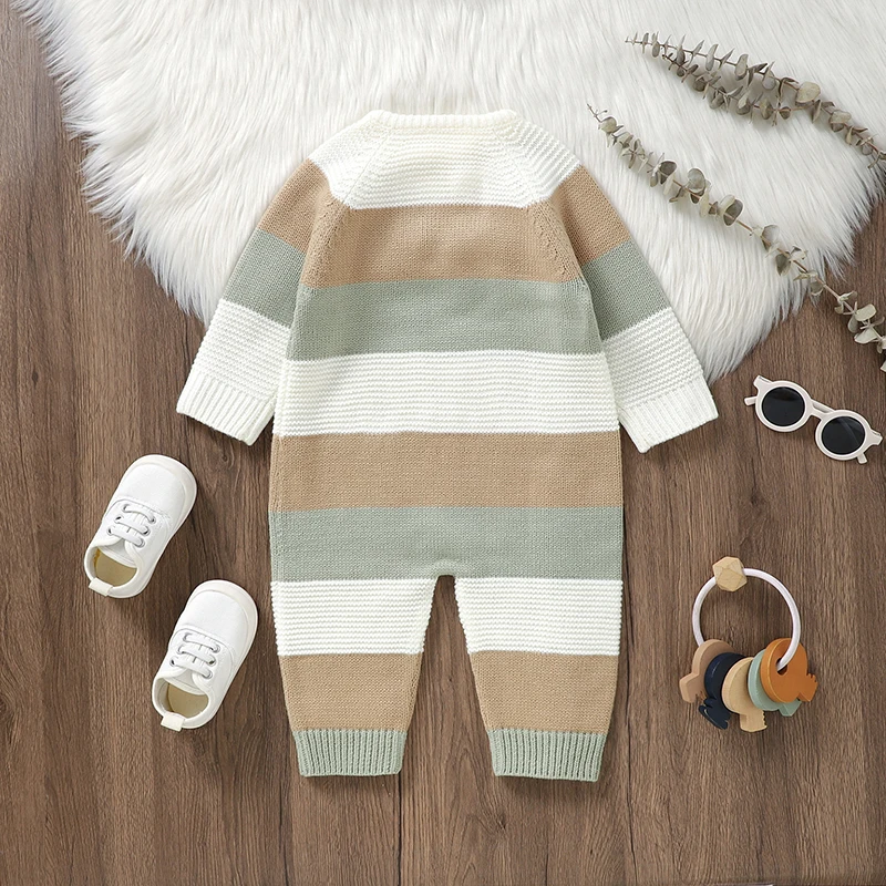 Baby Sweater Jumpsuit Long Sleeve Button Down Striped Knitted Romper Boys Girls 3 6 12 18 Months Fall Winter Clothes